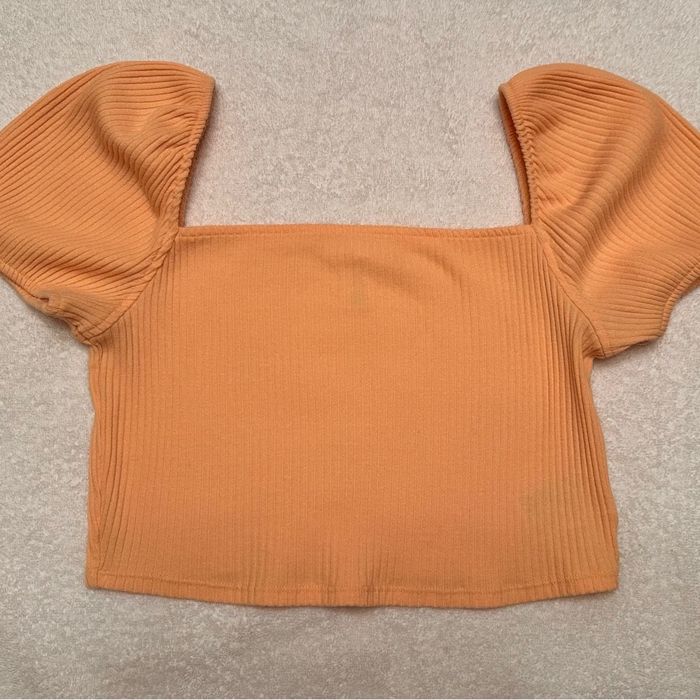H&M Orange Puff Sleeve Ribbed Crop Blouse